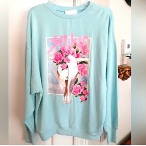 Selkie Blue Crew Neck Sweater with Pink Floral Design